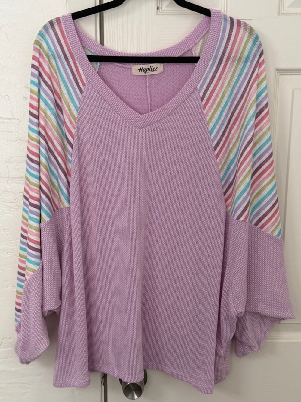 Haptics Lavender Waffle Knit Long Sleeve Top with Pastel Stripe Sleeves